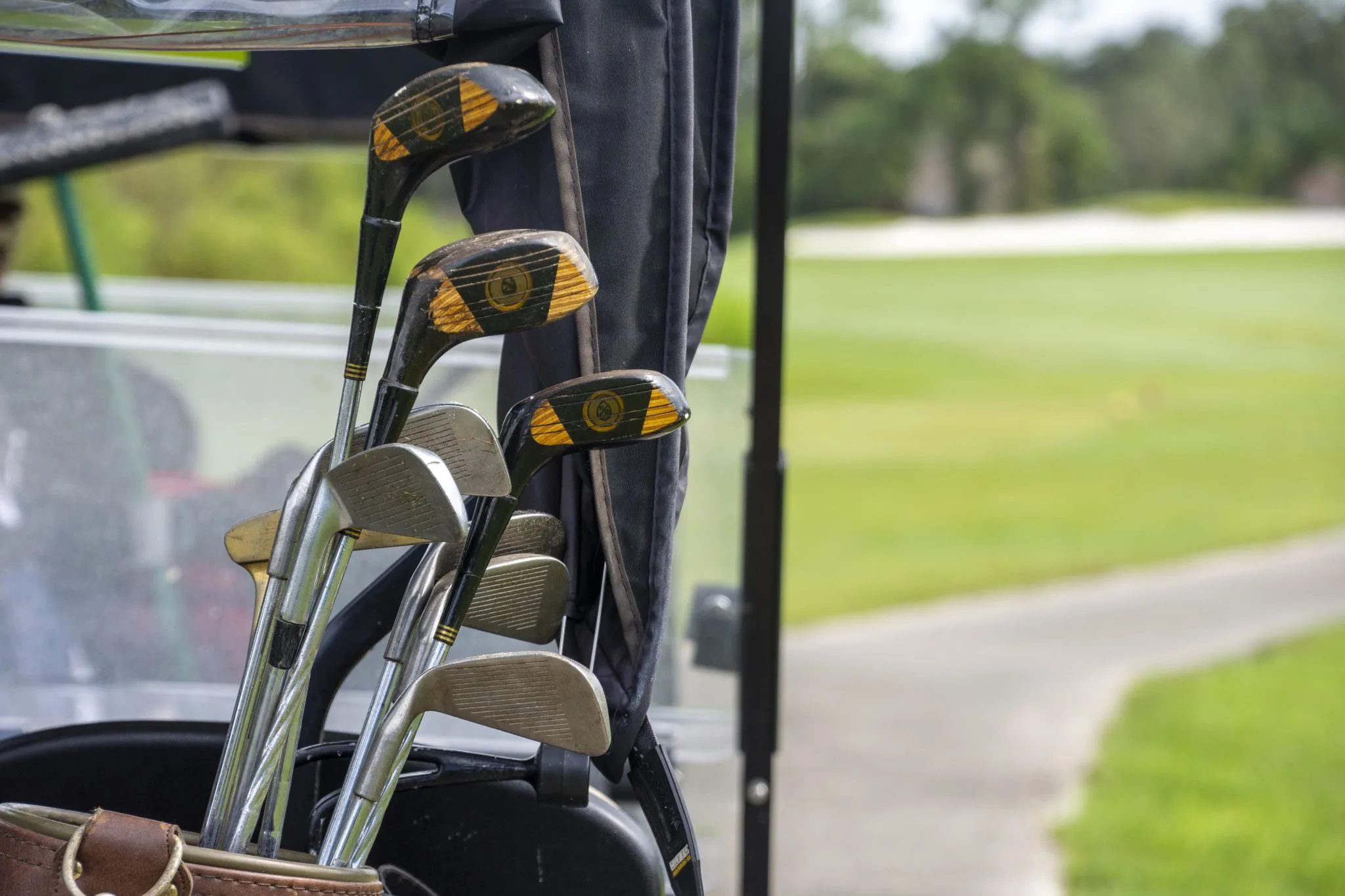 A full run of blade-style irons riding in a cart bag